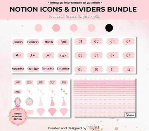 Notion Icons &amp; Dividers Bundle Princess Theme (Light Pink)